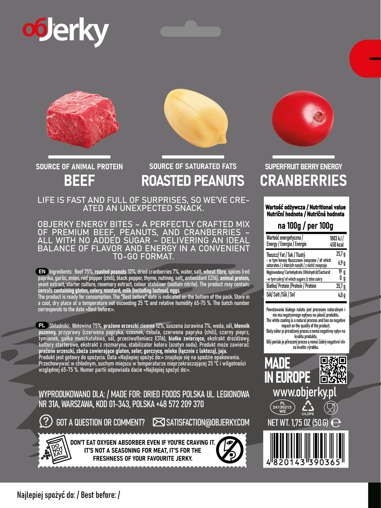 ObJerky Energy Nuggets – High-Protein Beef Snack with Peanuts & Cranberries, 50 gr.
